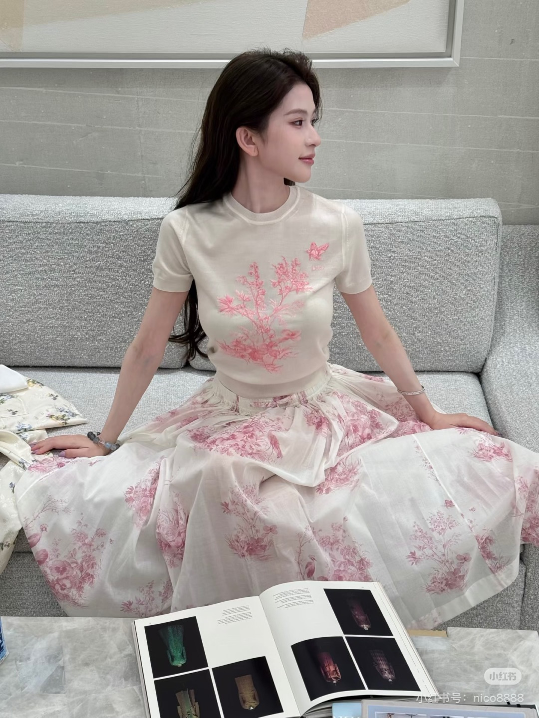 dior floral butterfly embroidery short sleeve knit top
